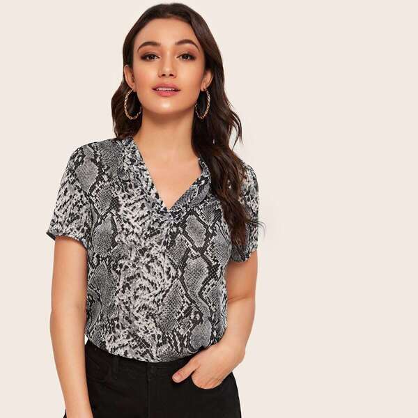 

V Cut Neck Snakeskin Print Blouse