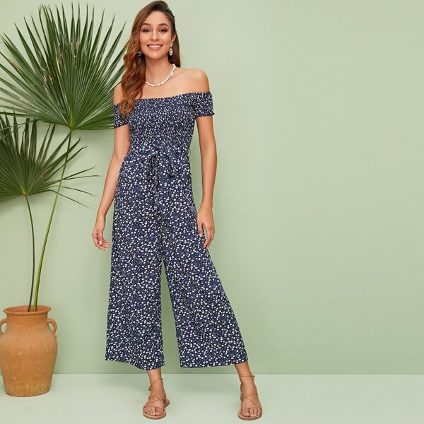 

Ditsy Floral Shirred Belted Bardot Palazzo Jumpsuit, Navy