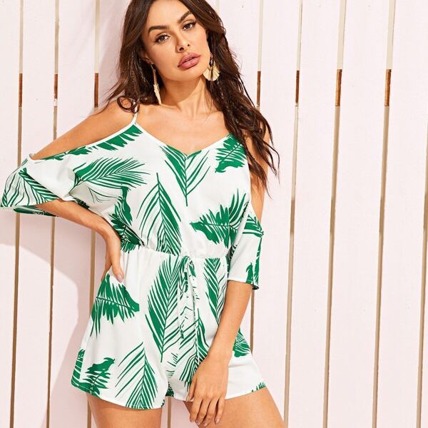 

Cold Shoulder Knot Front Tropical Print Romper