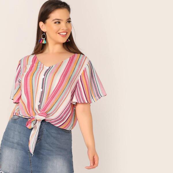 

Plus Flutter Sleeve Button Front Knot Blouse