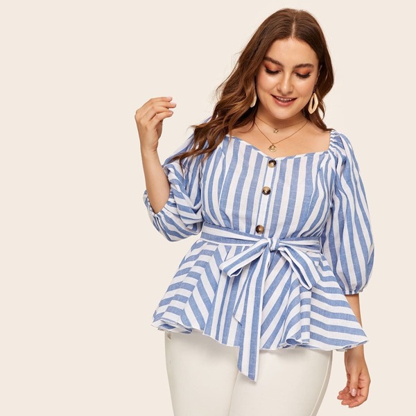 

Plus Two Tone Button Front Belted Peplum Top, Blue