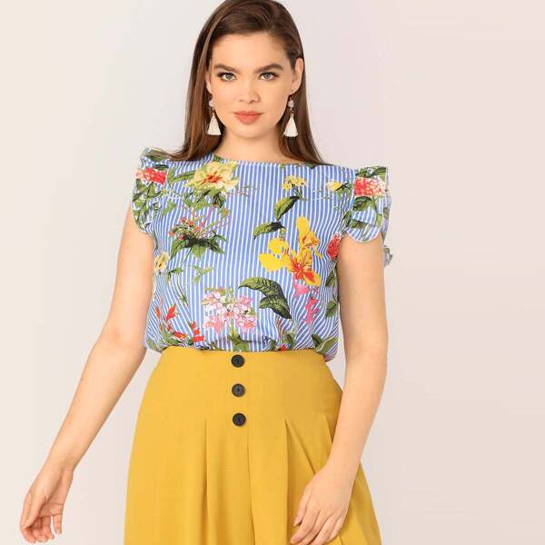 

Plus Ruffle Armhole Striped and Floral Print Top