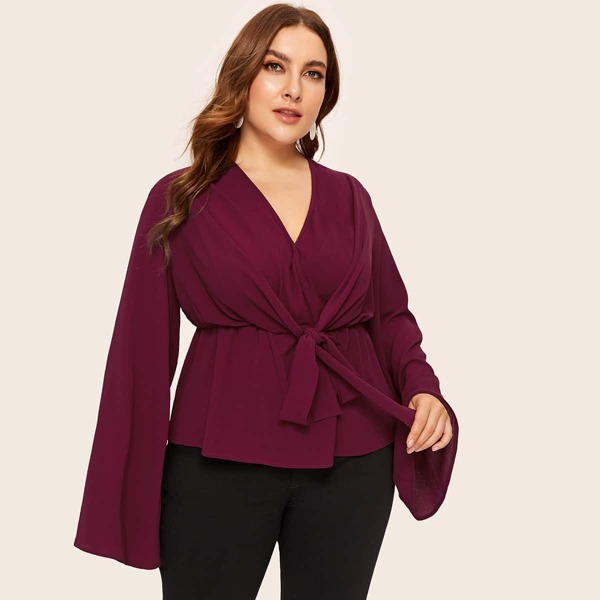 

Plus V-neck Tie Front Bell Sleeve Top