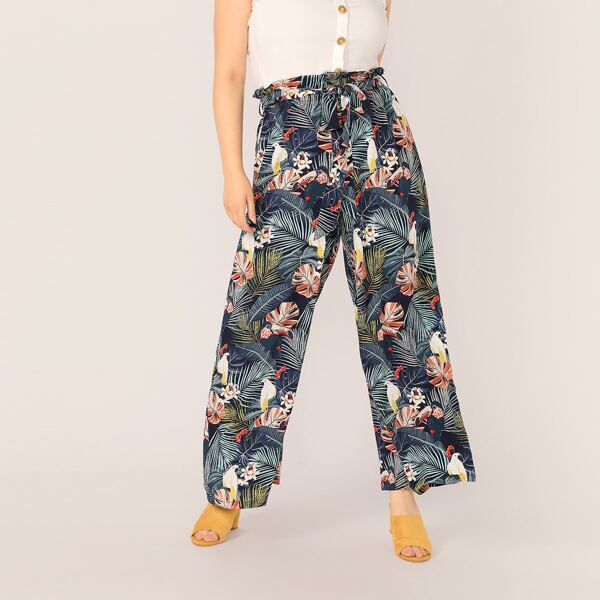 

Plus Paperbag Waist Belted Palazzo Tropical Pants, Multicolor