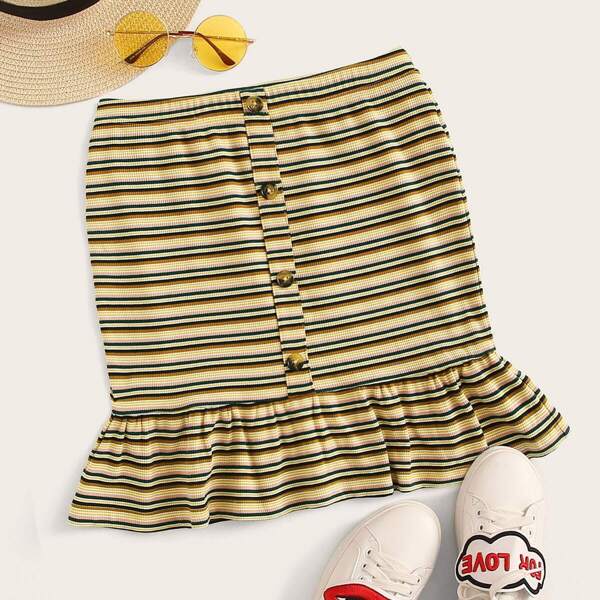 

Button Detail Ruffle Hem Rib-knit Striped Skirt