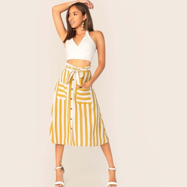 

Paperbag Waist Button Front Patch Pocket Belted Skirt, Yellow