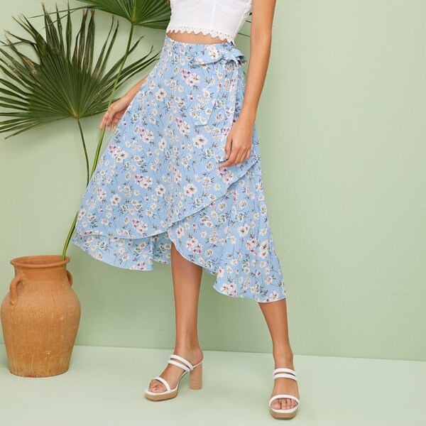

Floral Print Tie Side Wrap Asymmetrical Skirt