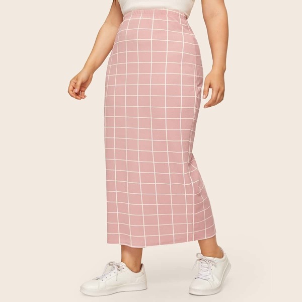 

Plus Elastic Waist Grid Skirt, Pink