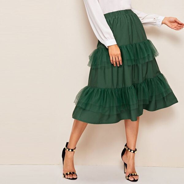 

Layered Mesh Ruffle Trim Elastic Waist Skirt