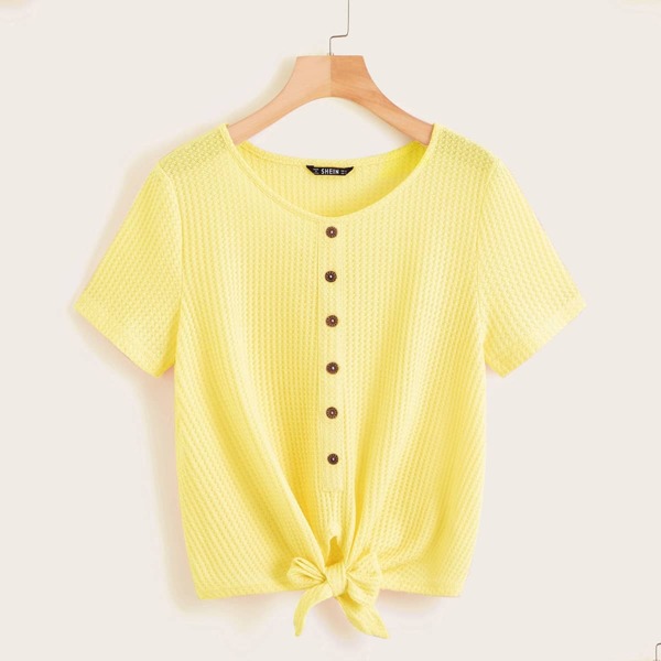 

Button Front Knot Hem Waffle Knit Tee