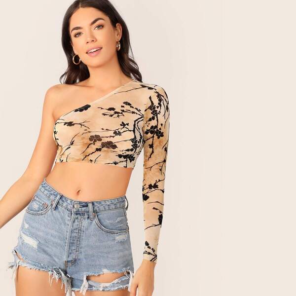 

Crop One Shoulder Floral Print Tie Dye Top