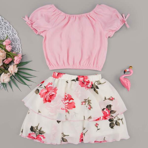 

Toddler Girls Solid Blouse & Floral Ruffle Hem Skirt