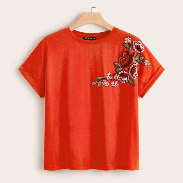 

Plus Neon Orange Cuffed Floral Embroidery Top