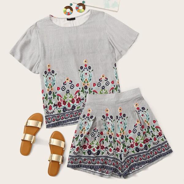 

Plus Floral Striped Tunic Top & Wide Leg Shorts Set, Multicolor