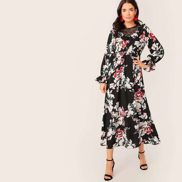 

Floral Print Lace Insert Ruffle Cuff Dress, Multicolor