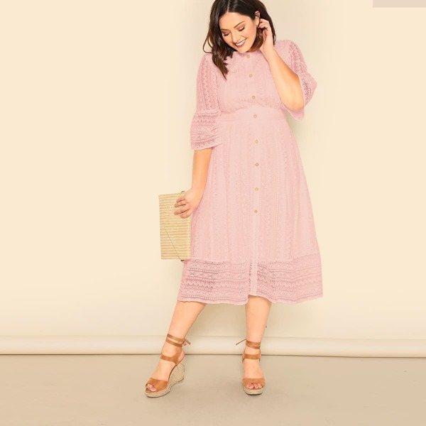 

Plus Button Front Lace Overlay Dress, Pink