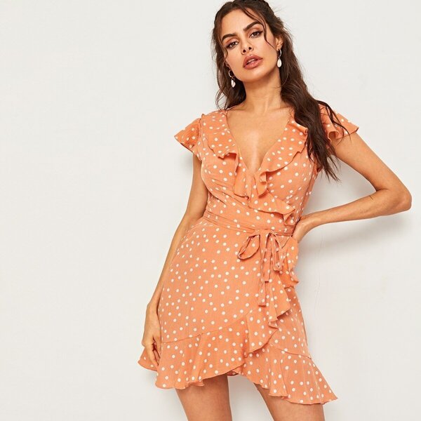 

Ruffle Trim Tie Side Wrap Dress, Orange