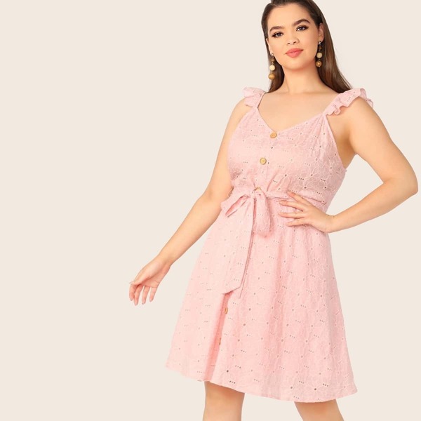 

Plus Button Front Belted Ruffle Strap Schiffy Dress, Pink pastel
