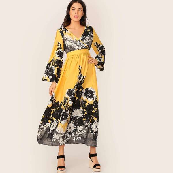 

Surplice Neck High Waist Bell Sleeve Floral Dress, Multicolor