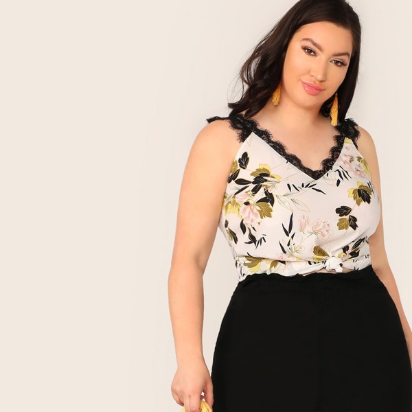 

Plus Botanical Print Double V Neck Lace Trim Top, Beige