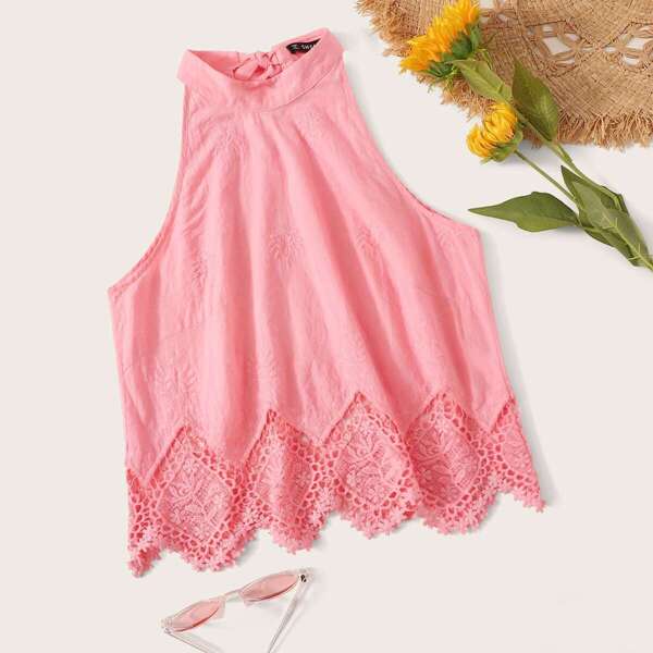 

Tie Back Embroidered Detail Guipure Lace Hem Top