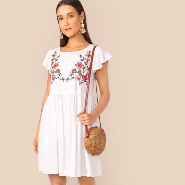 

Ruffle Trim Embroidered Yoke Dress, White
