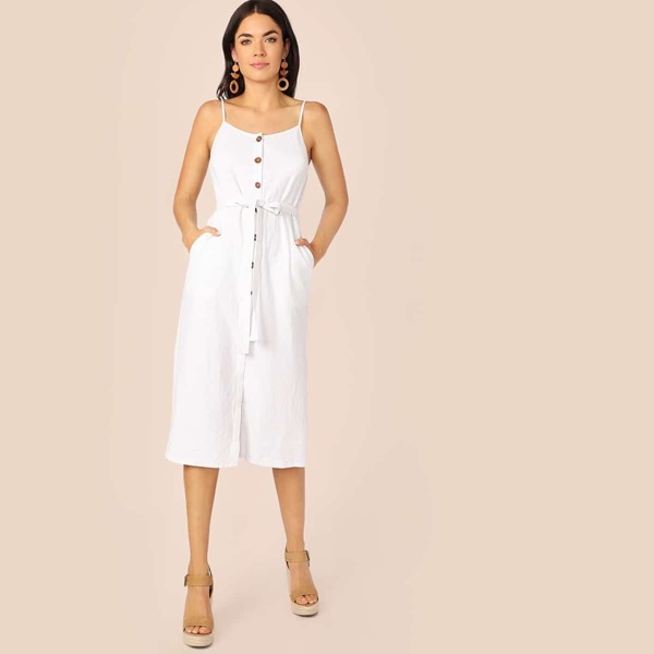 

Pocket Side Button Up Self Belted Cami Dress, White