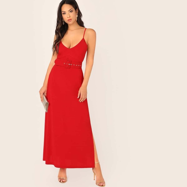 

Split Side Buckle Belted Slip Dress, Red bright