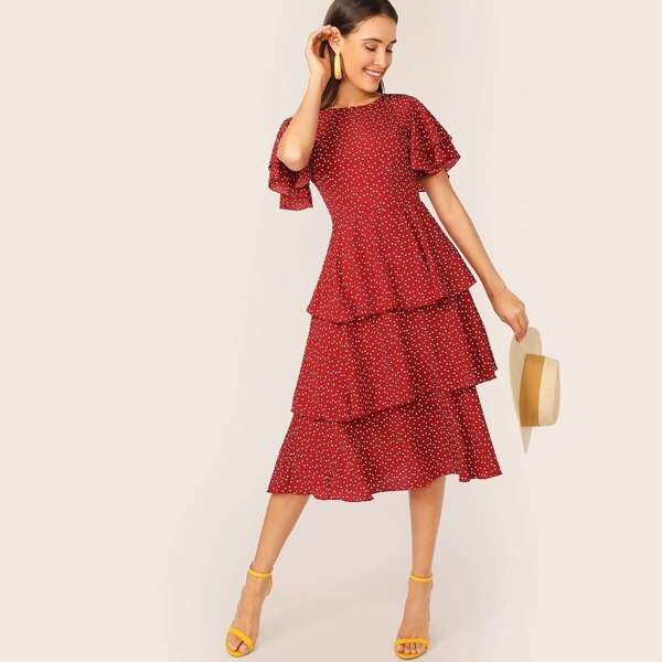 

Layered Ruffle Trim Confetti Heart Print Dress, Red