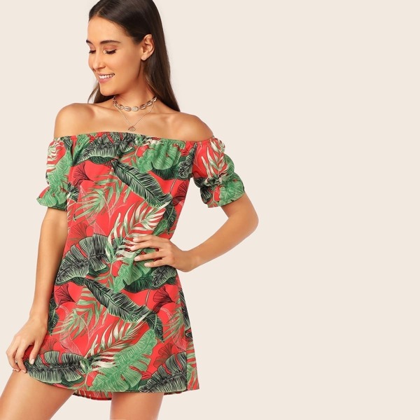 

Off Shoulder Tropical Print Dress