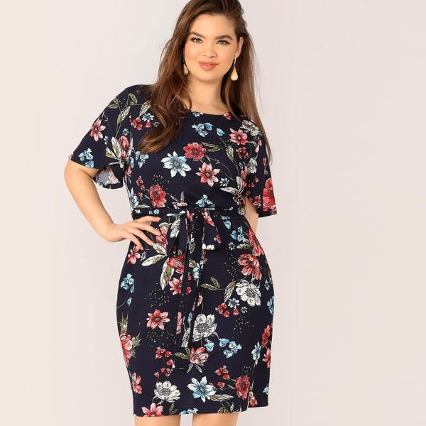 

Plus Split Back Floral Print Belted Dress, Navy