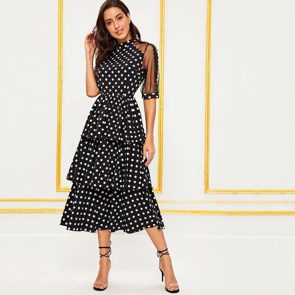 

Mesh Raglan Sleeve Layered Flounce Polka Dot Dress, Black