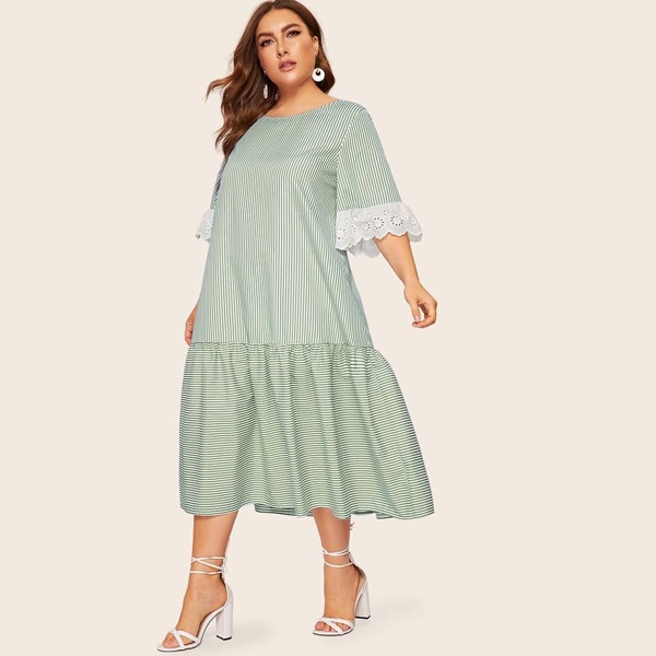 

Plus Embroidered Cuff Drop Shoulder Striped Dress
