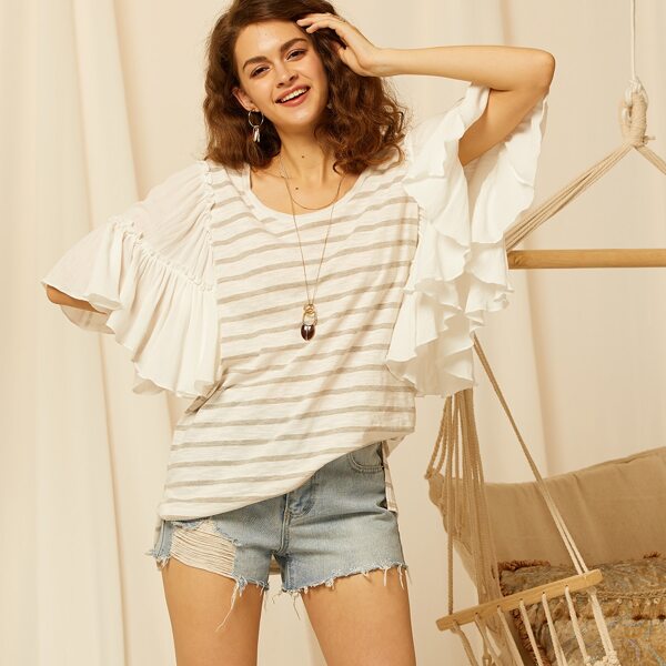 

Exaggerated Ruffle Sleeve Striped Top, Multicolor