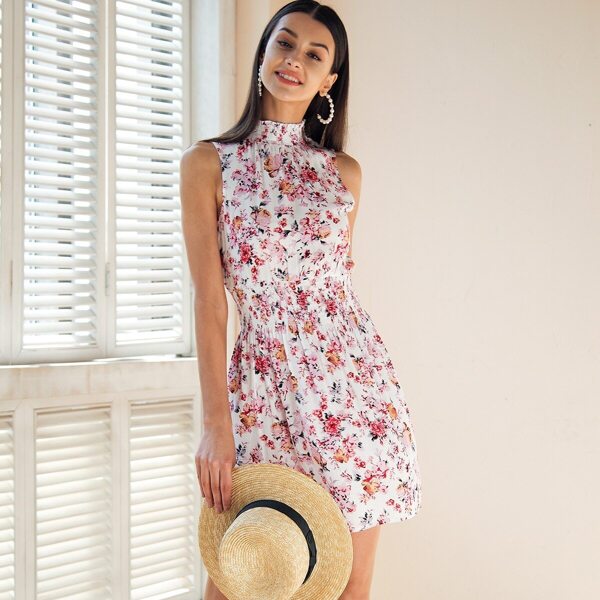 

Simplee Mock-neck Ditsy Floral Print Sleeveless Dress, Multicolor