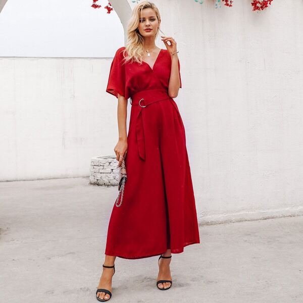 

Simplee Solid Surplice Neck Belted Wide Leg Jumpsuit