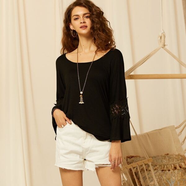 

SBetro Lace Insert Scoop Neck Solid Tee, Black