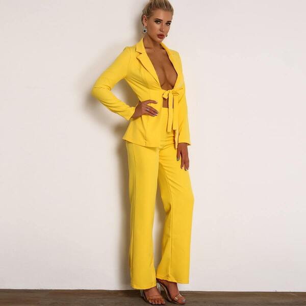 

Joyfunear Solid Knotted Blazer & Straight Leg Pants Set, Mustard yellow