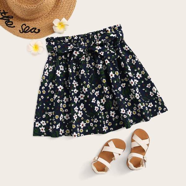 

Girls Paperbag Waist Ditsy Floral Belted Skirt