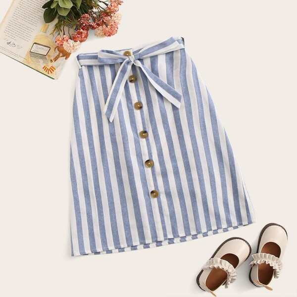 

Girls Button Fly Striped Belted Skirt, Blue