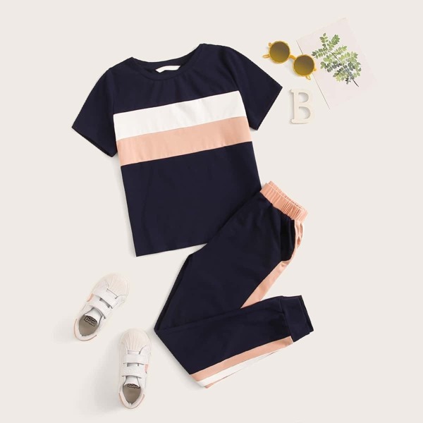 

Girls Cut And Sew Top & Contrast Side Pants Set