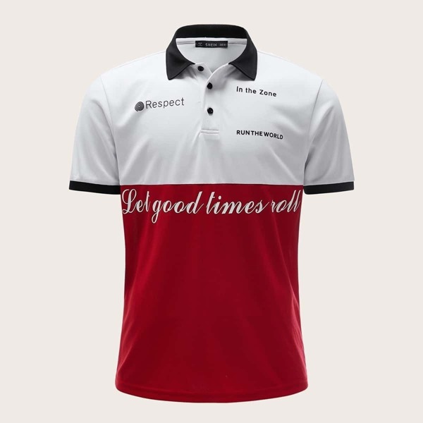 

Men Slogan Print Colorblock Polo Shirt