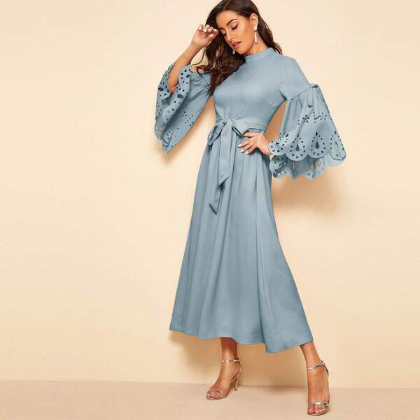 

Mock Neck Exaggerate Sleeve Laser Cut Belted Dress, Blue