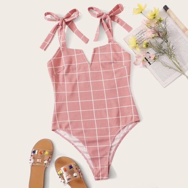 

Tie Strap Grid Bodysuit