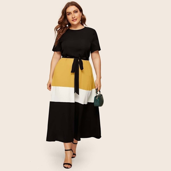 

Plus Self Belted Cut-and-sew Dress, Multicolor