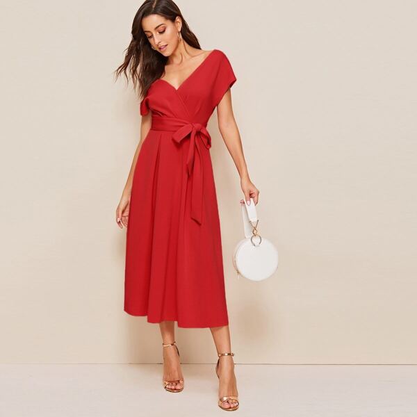 

Surplice Wrap Solid Belted Dress, Red