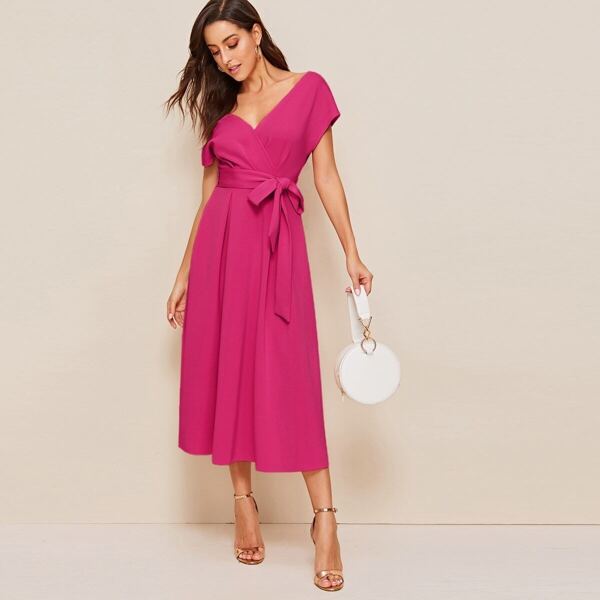 

Surplice Wrap Solid Belted Dress, Pink