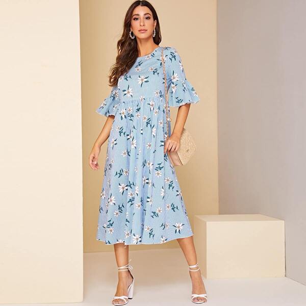 

Floral and Striped Flounce Sleeve Dress, Blue