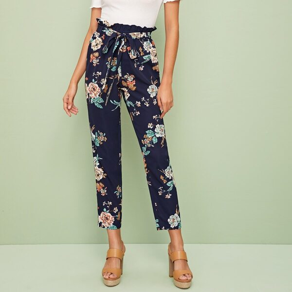 

Floral Print Paperbag Waist Self Belted Pants, Navy