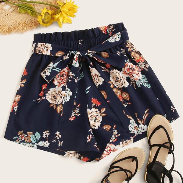 

Belted Floral Print Paperbag Waist Shorts, Navy blue